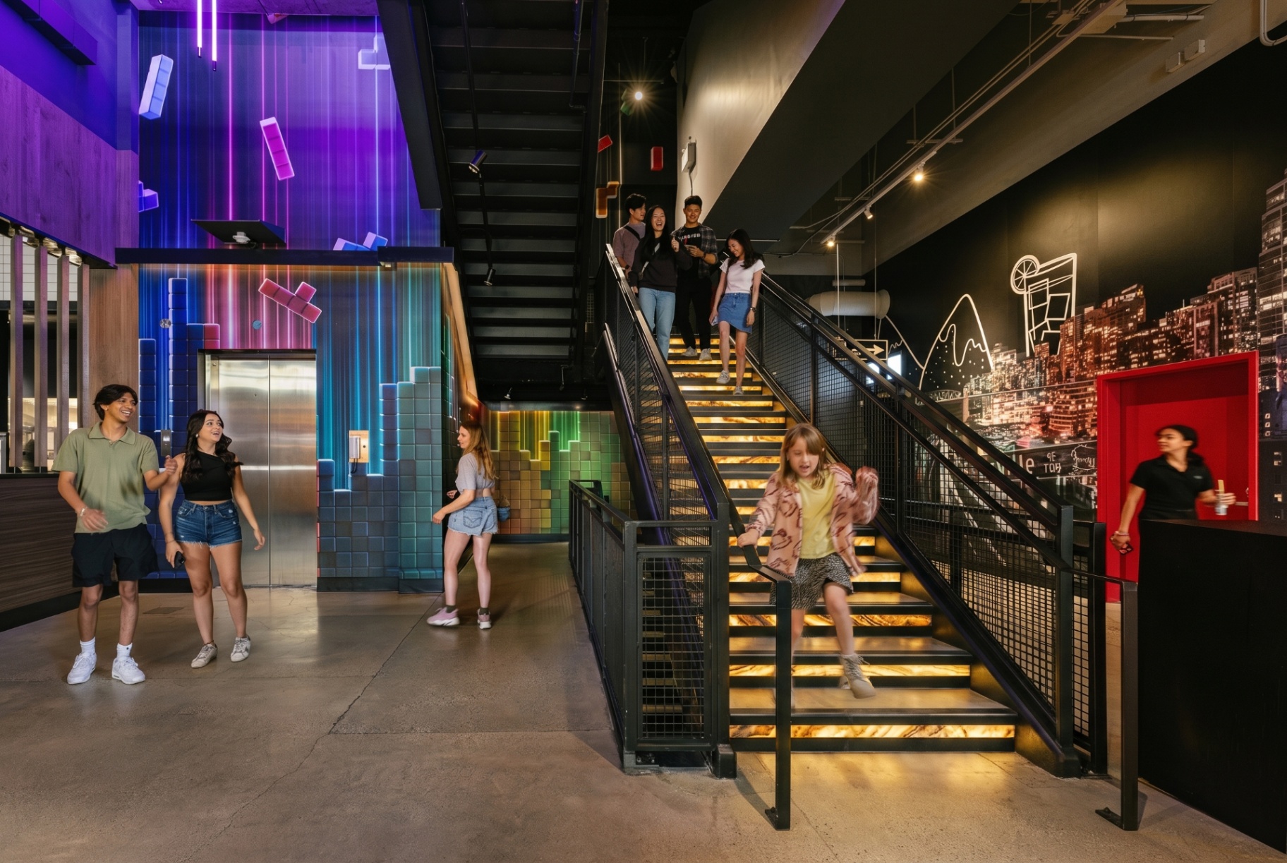 Backlit OnyxEon stone reveals illuminating a staircase