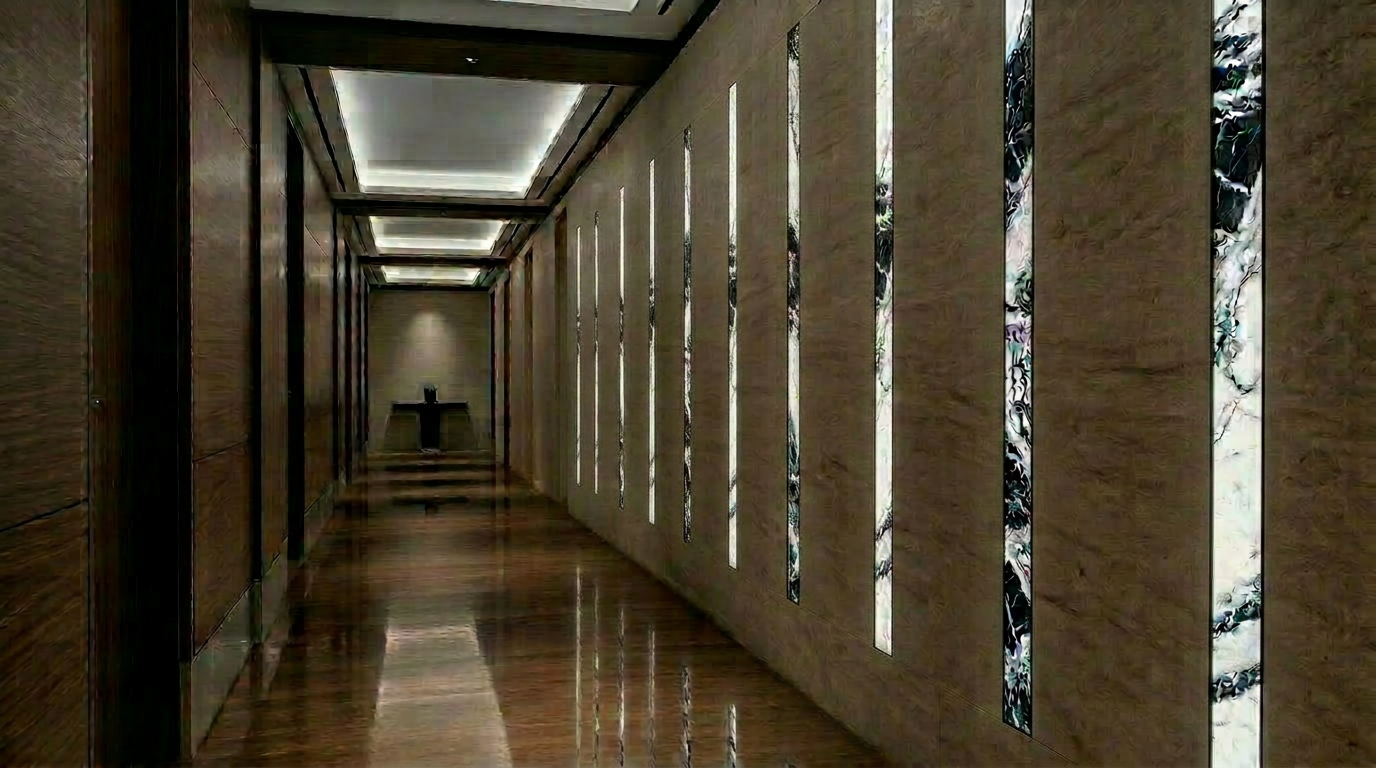 Backlit OnyxEon stone reveals in a hallway