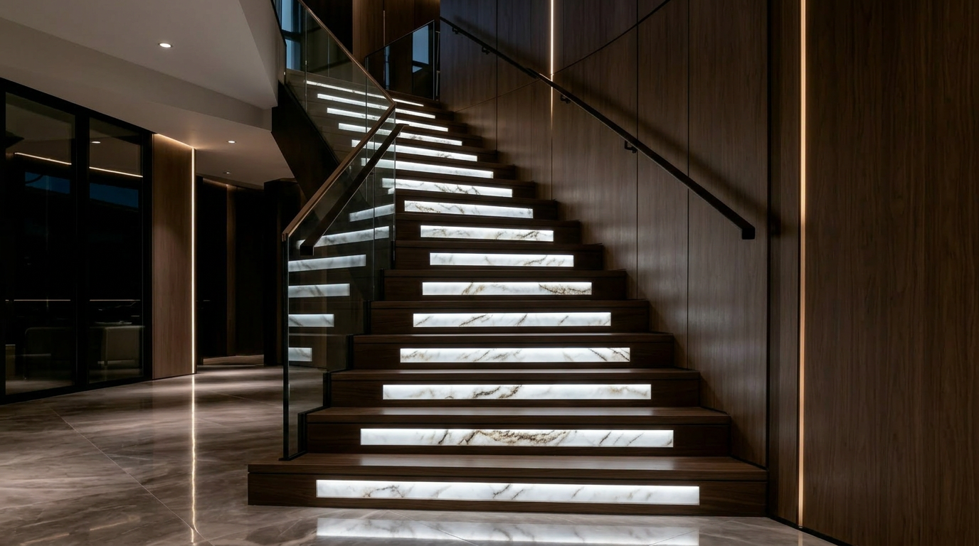 Backlit stone risers on a luxury staircase
