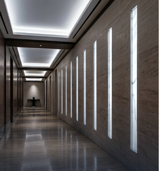 Hallway with repeating thin backlit stone reveals