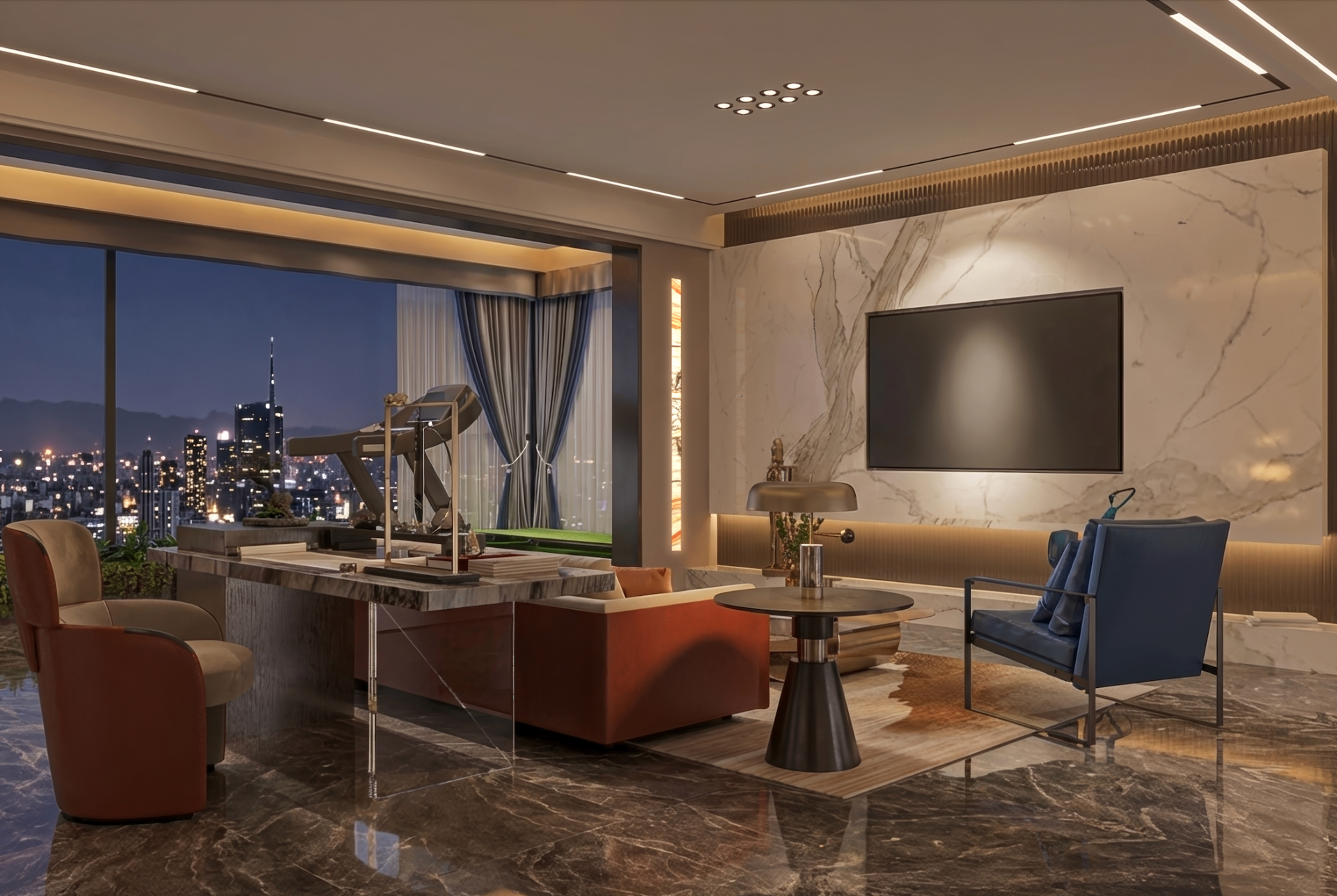 Backlit onyx feature wall in a luxury hotel lobby